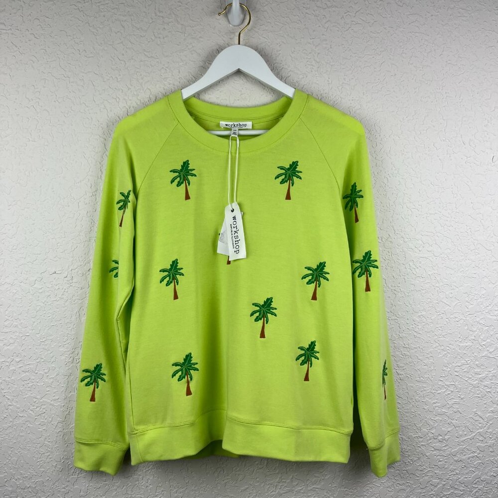 Workshop Sweater Womens Medium Green Crewneck Embroidered Palm Tree Pullover - Picture 2 of 10